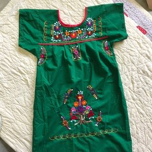 Traditional Floral Green Mexican Dress